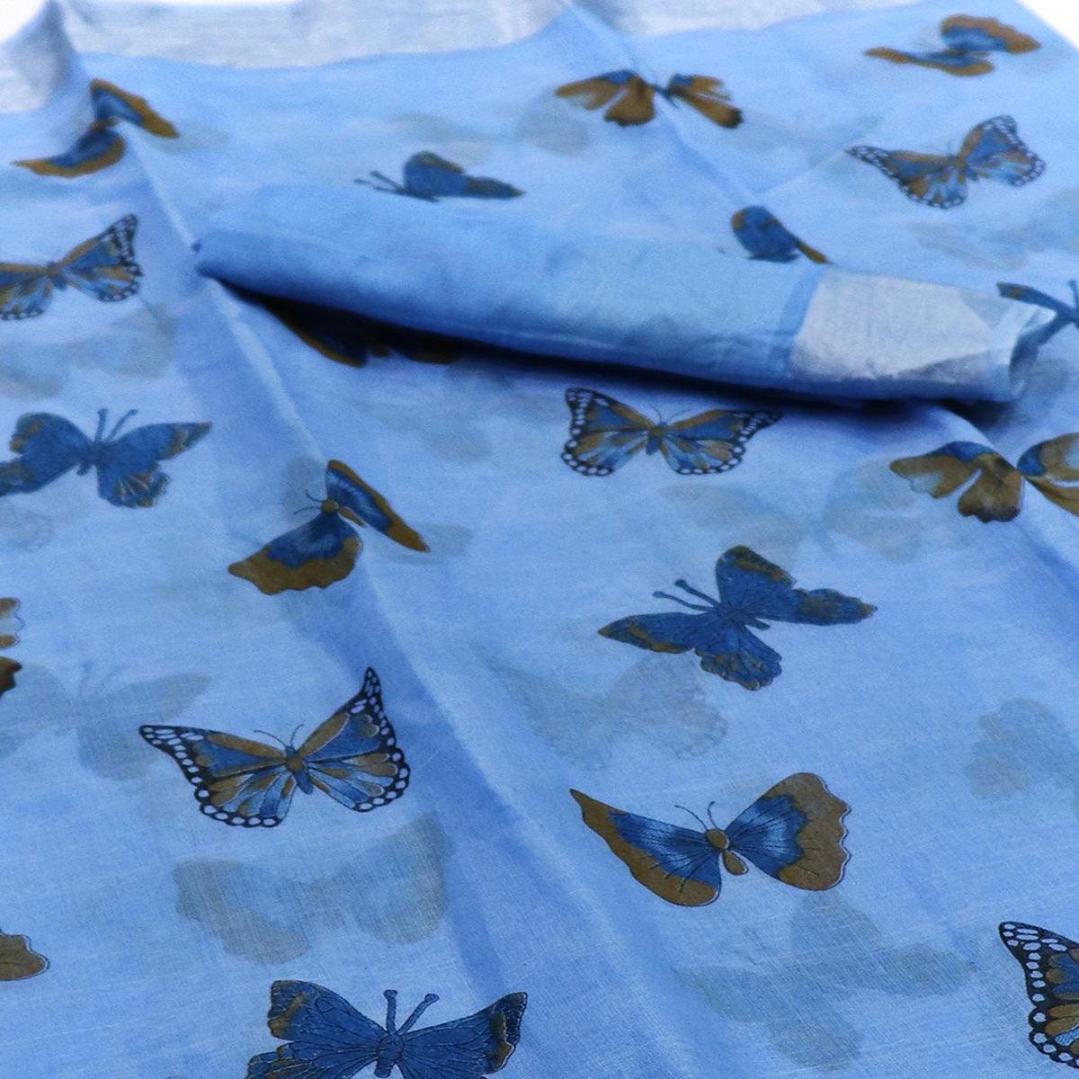 Sensational Blue Colored Casual Wear Butterfly Block Printed Cotton Linen Saree - Peachmode