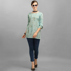 Sensational Blue Colored Casual Wear Foil Printed Rayon Top - Peachmode