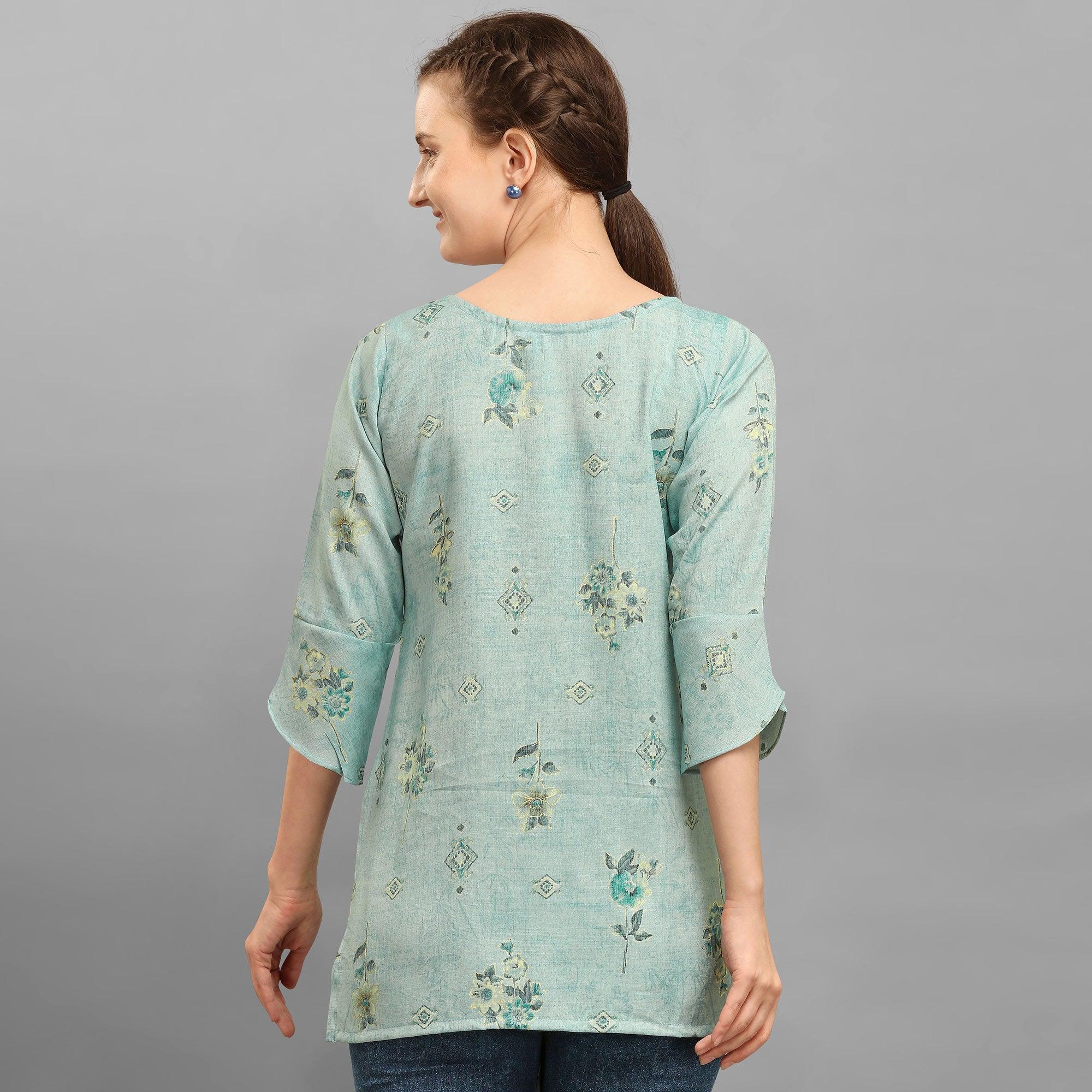 Sensational Blue Colored Casual Wear Foil Printed Rayon Top - Peachmode