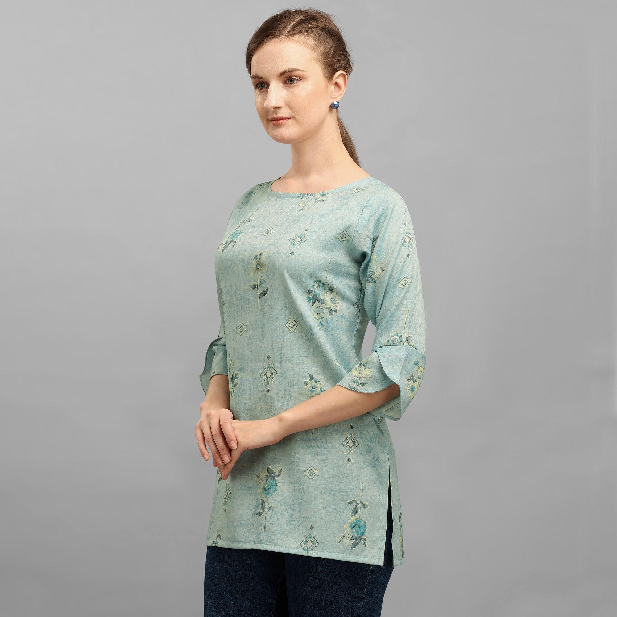 Sensational Blue Colored Casual Wear Foil Printed Rayon Top - Peachmode