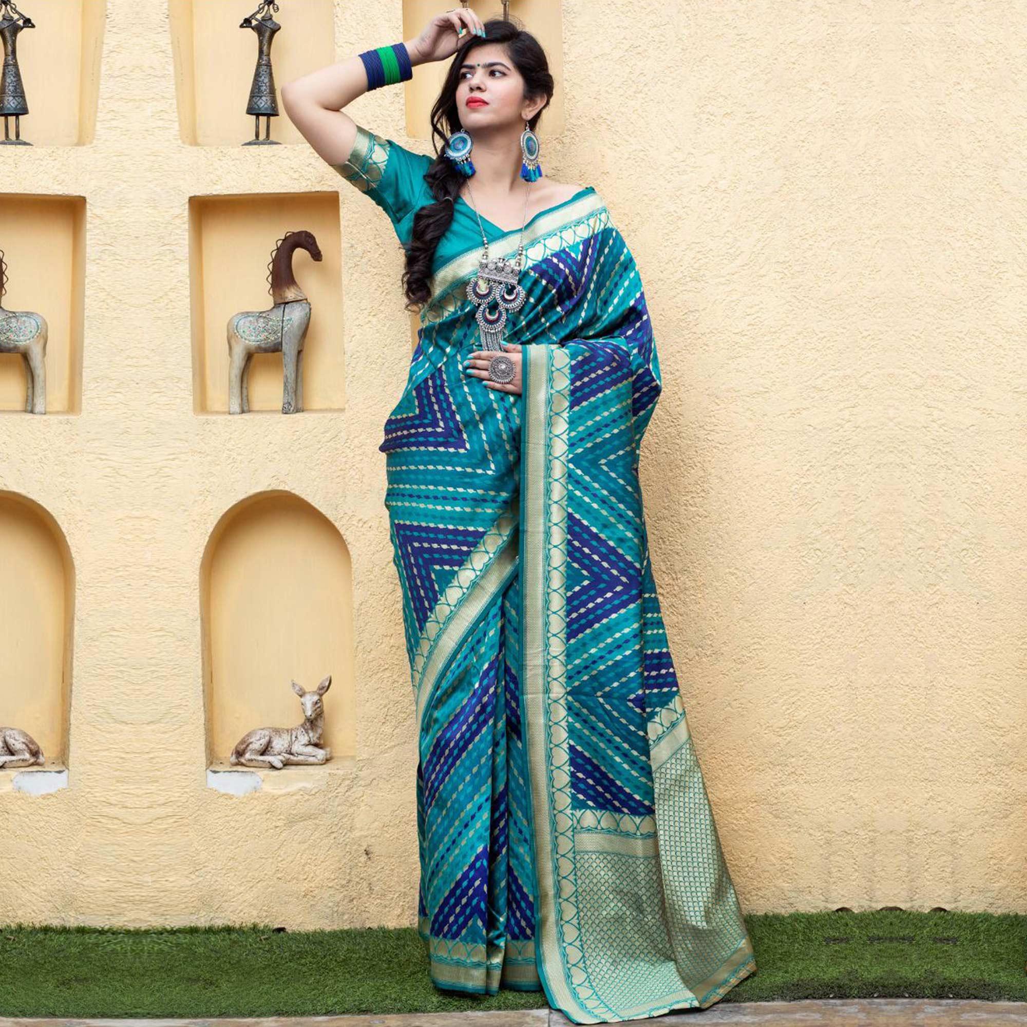 Sensational Blue Colored Festive Wear Woven Banarasi Silk Saree - Peachmode