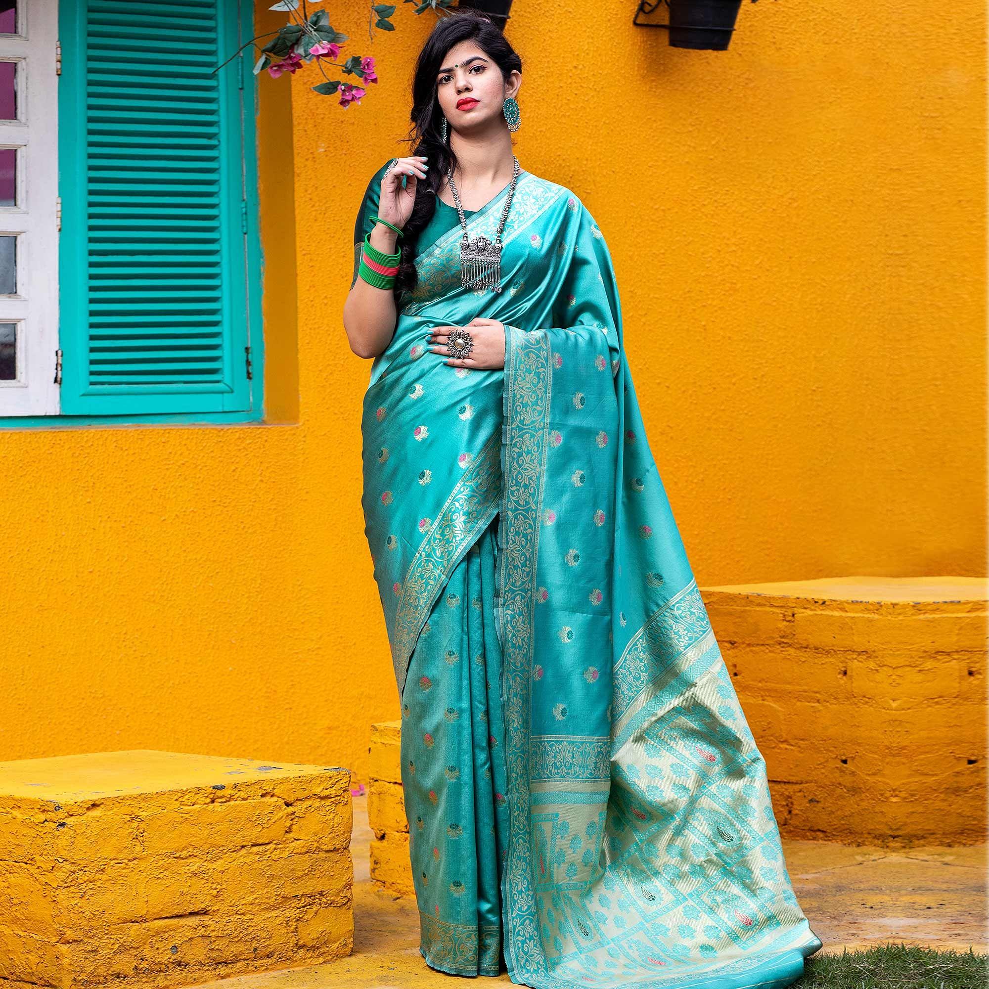 Sensational Blue Colored Festive Wear Woven Banarasi Silk Saree - Peachmode