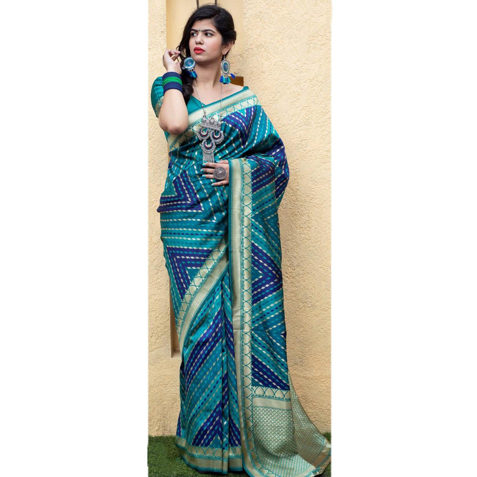 Sensational Blue Colored Festive Wear Woven Banarasi Silk Saree - Peachmode