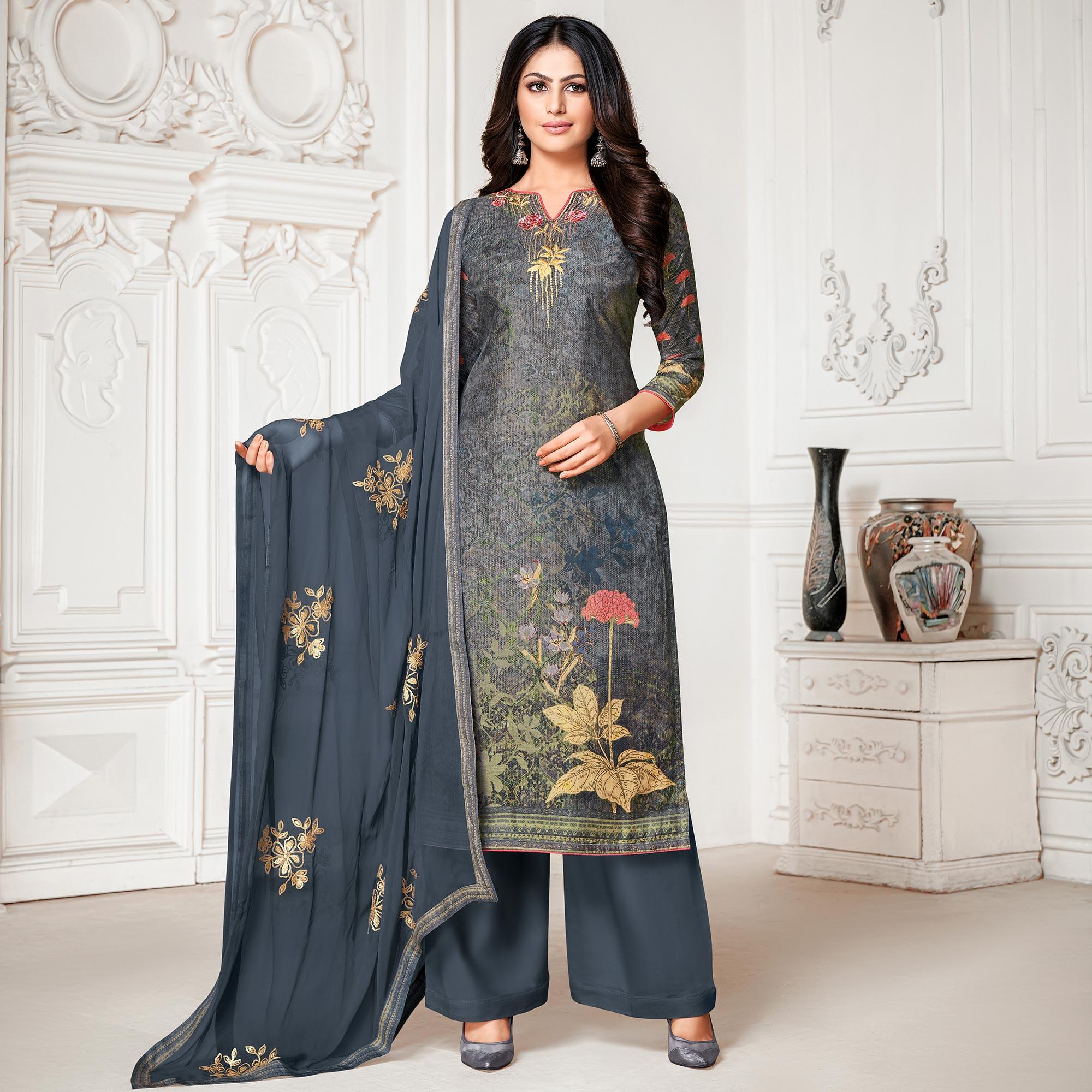 Sensational Dark Grey Colored Digital Printed Pure Muslin Silk Dress Material - Peachmode