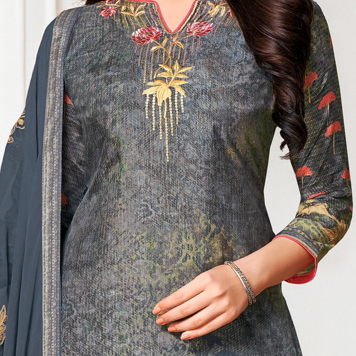 Sensational Dark Grey Colored Digital Printed Pure Muslin Silk Dress Material - Peachmode