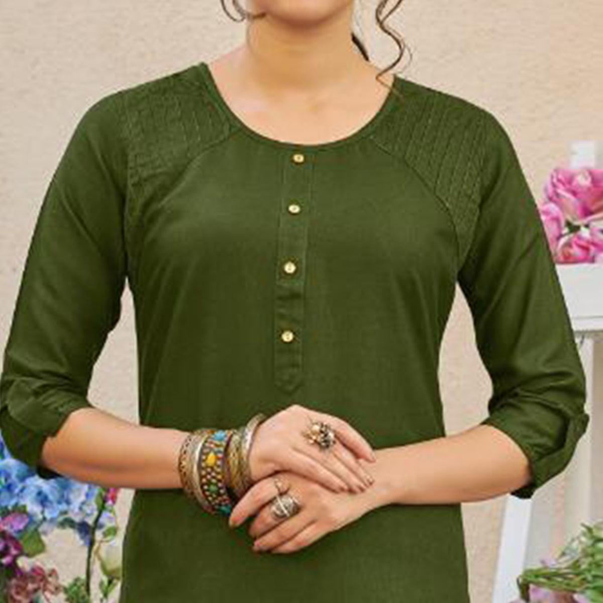 Sensational Green Colored Casual Wear Solid Pure Rayon Kurti - Peachmode