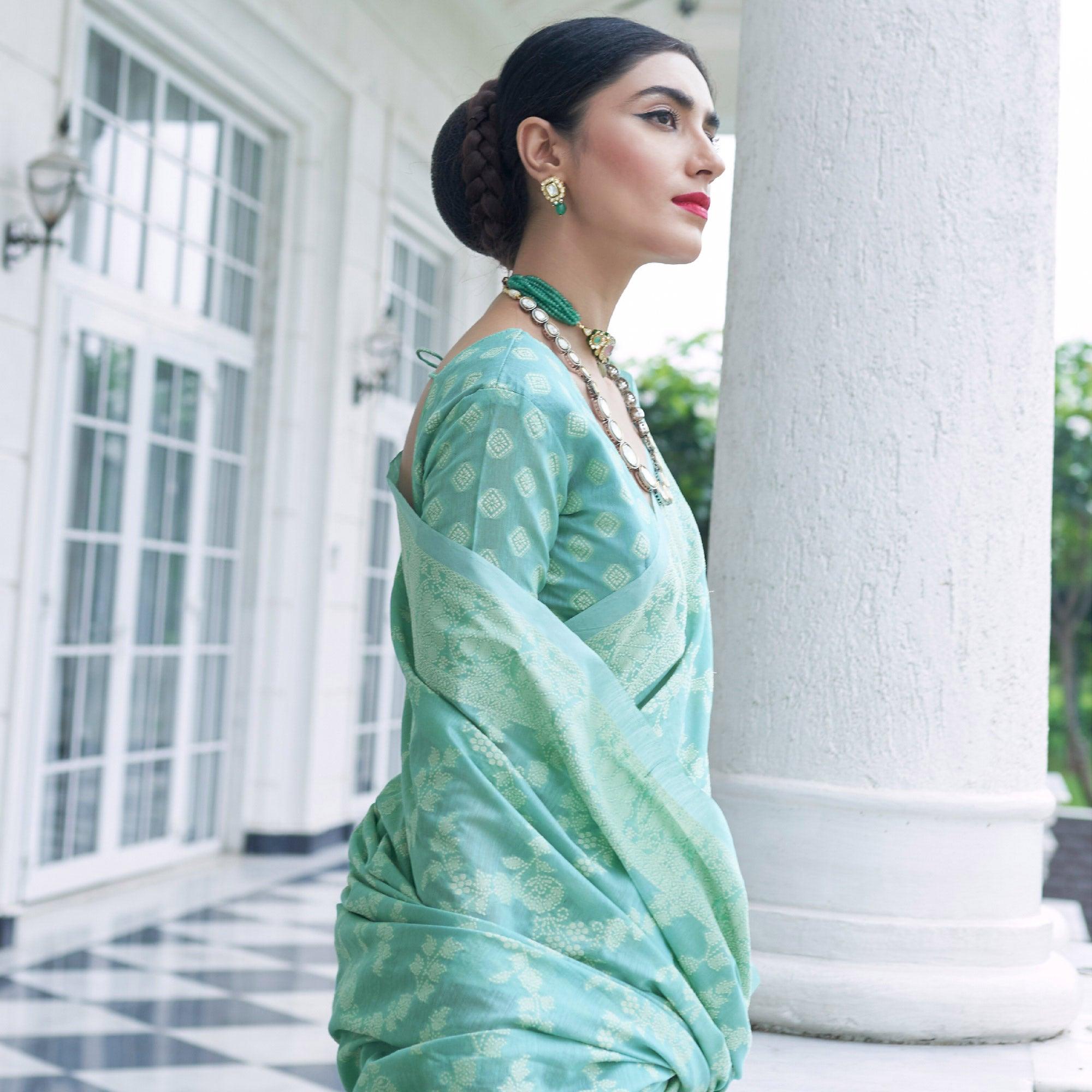 Sensational Green Colored Festive Wear Woven Chanderi Saree - Peachmode