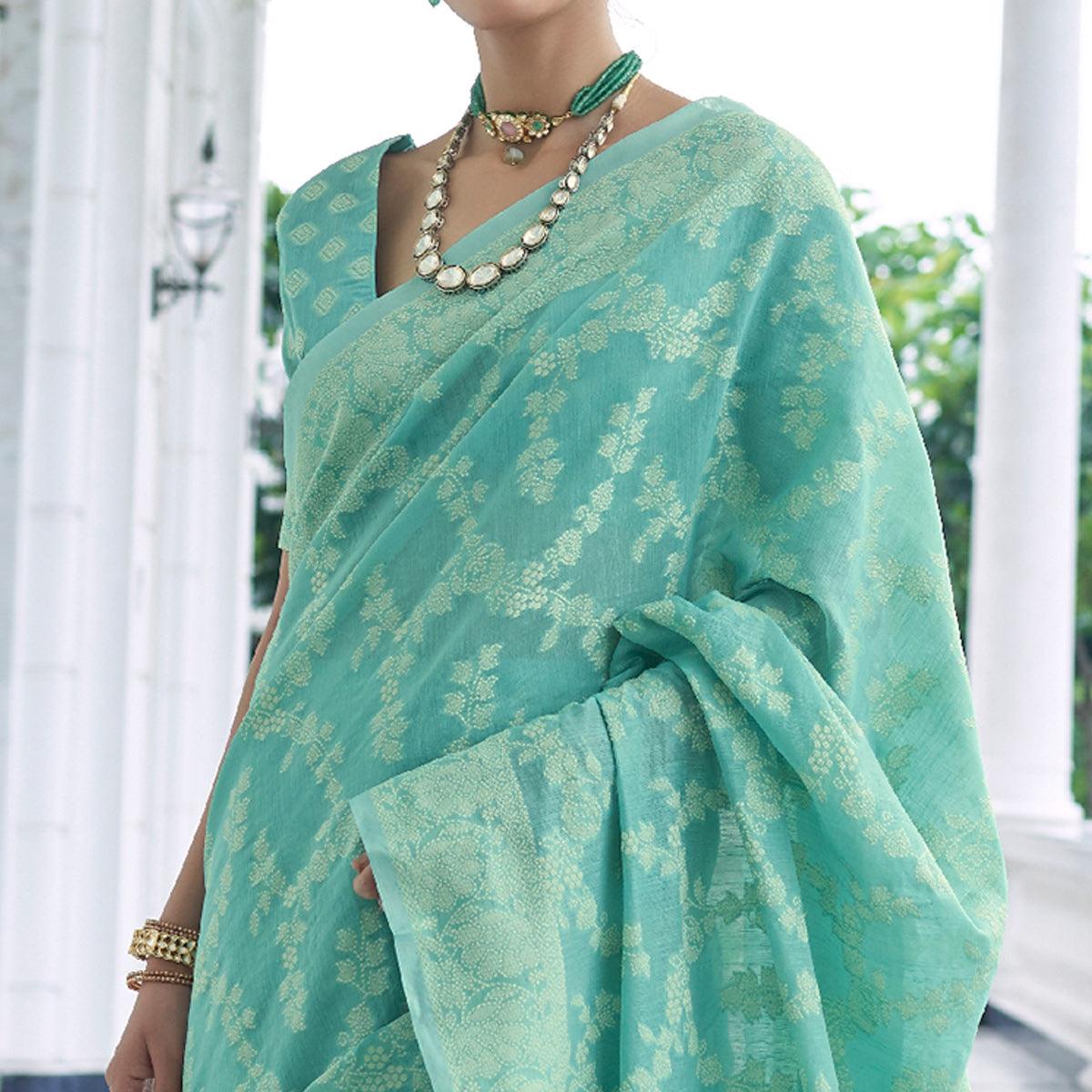 Sensational Green Colored Festive Wear Woven Chanderi Saree - Peachmode