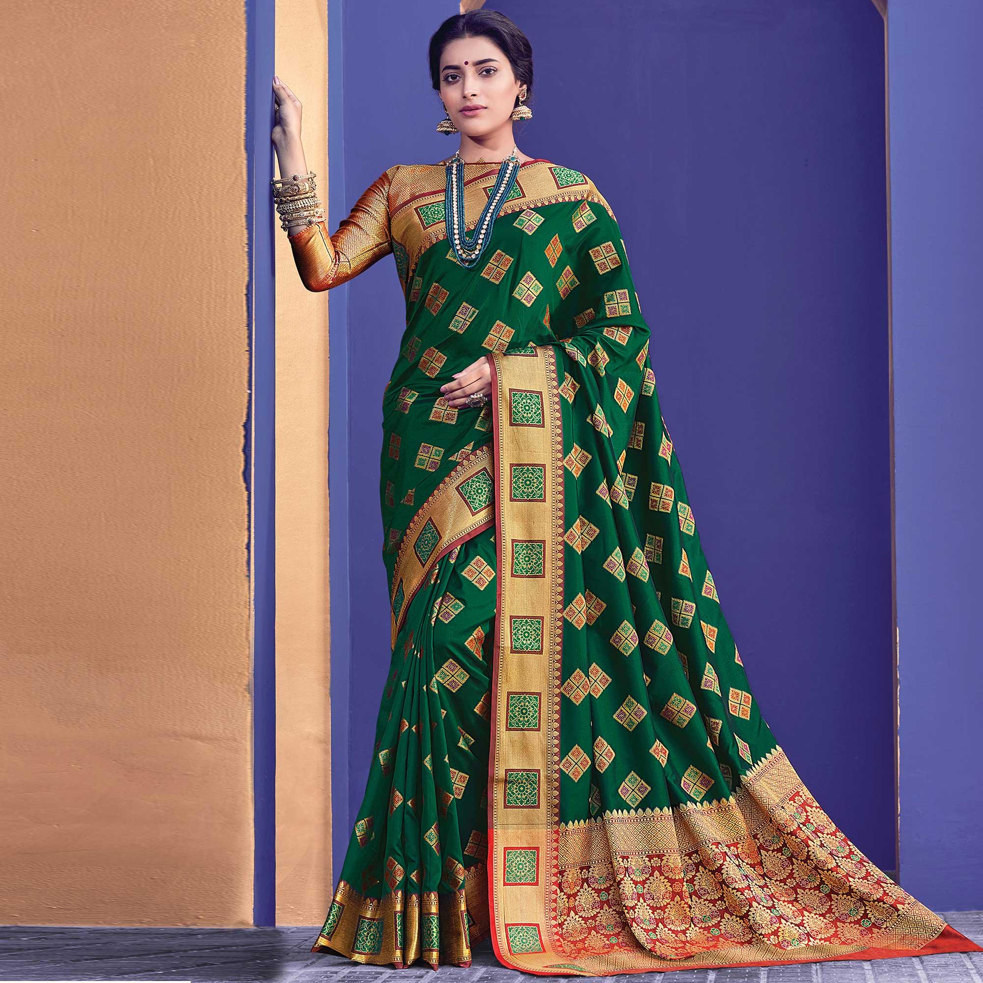 Sensational Green Colored Festive Wear Woven Heavy Banarasi Silk Saree - Peachmode