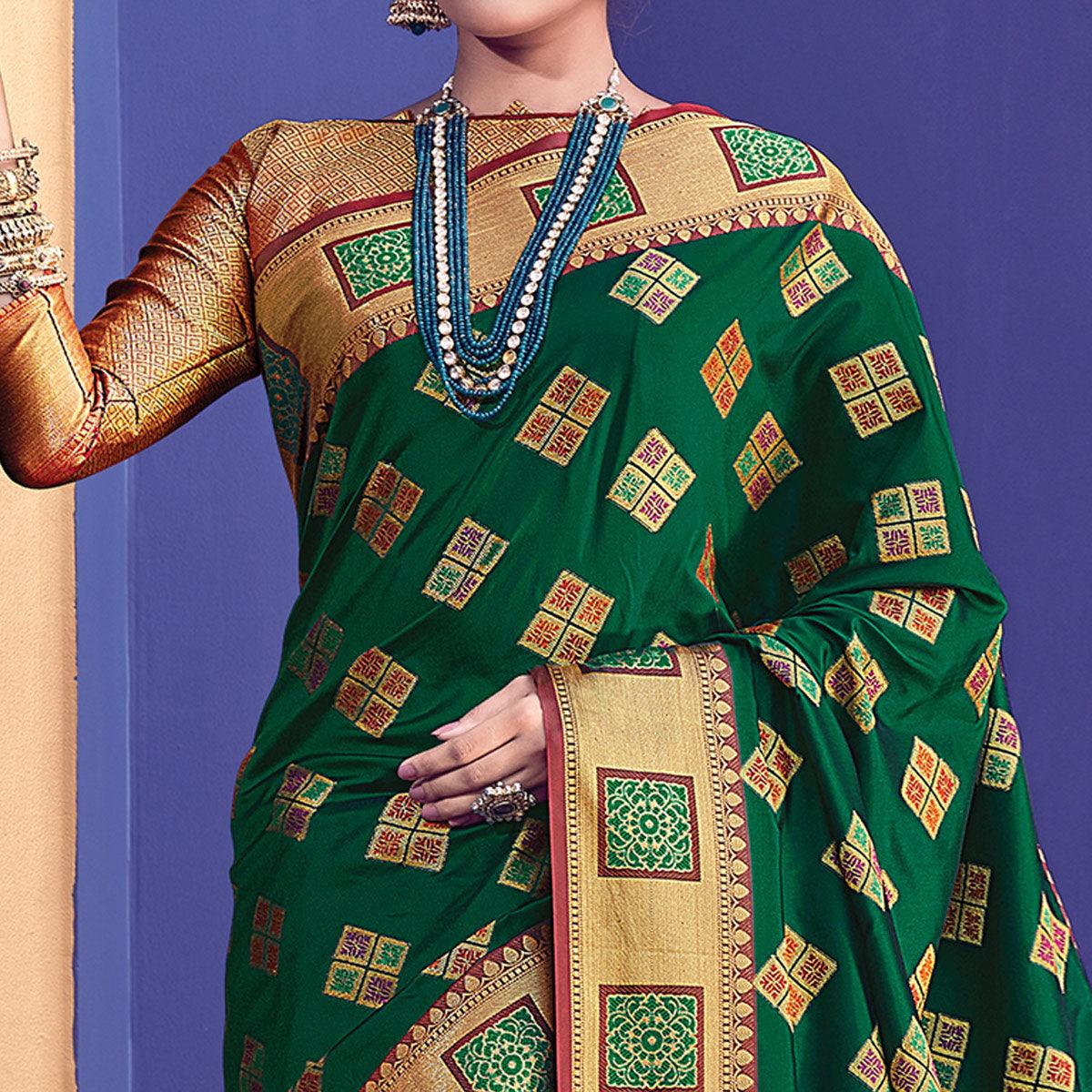 Sensational Green Colored Festive Wear Woven Heavy Banarasi Silk Saree - Peachmode