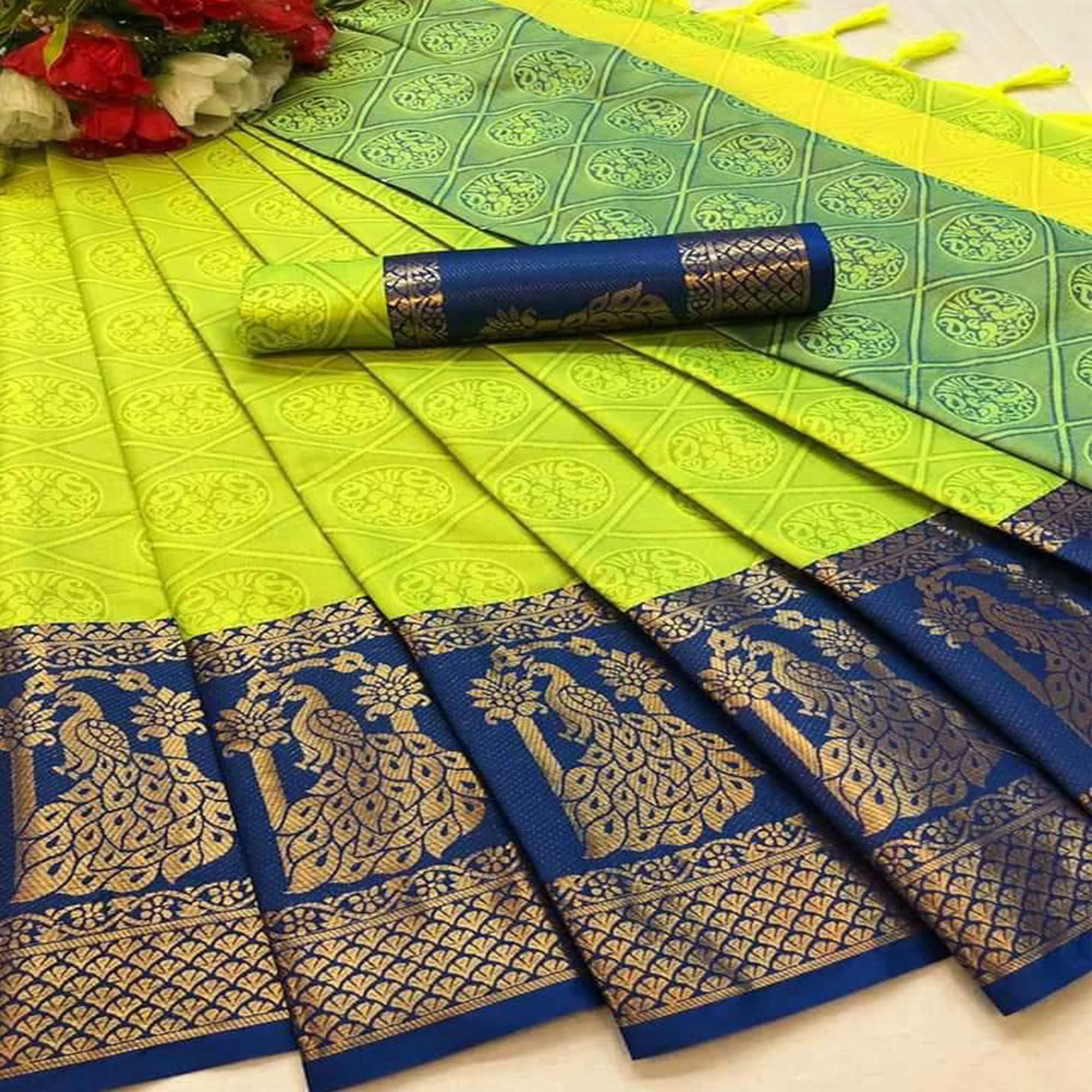 Sensational Green Coloured Festive Wear Woven Cotton Silk Saree - Peachmode
