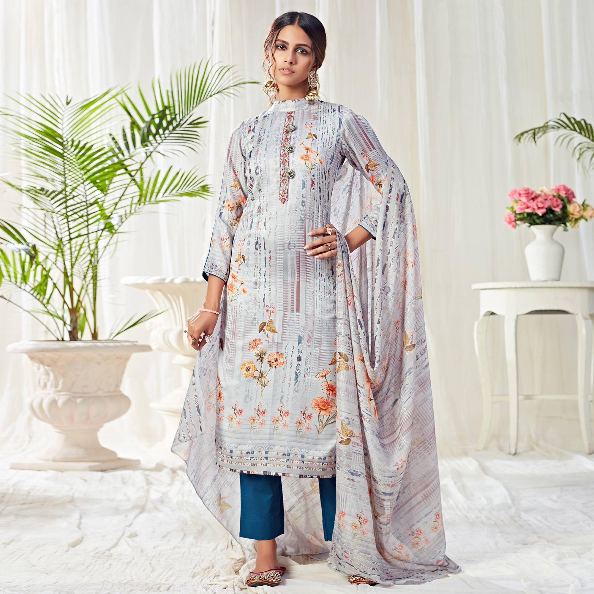Sensational Lavendar Colored Partywear Digital Printed Cotton Suit - Peachmode