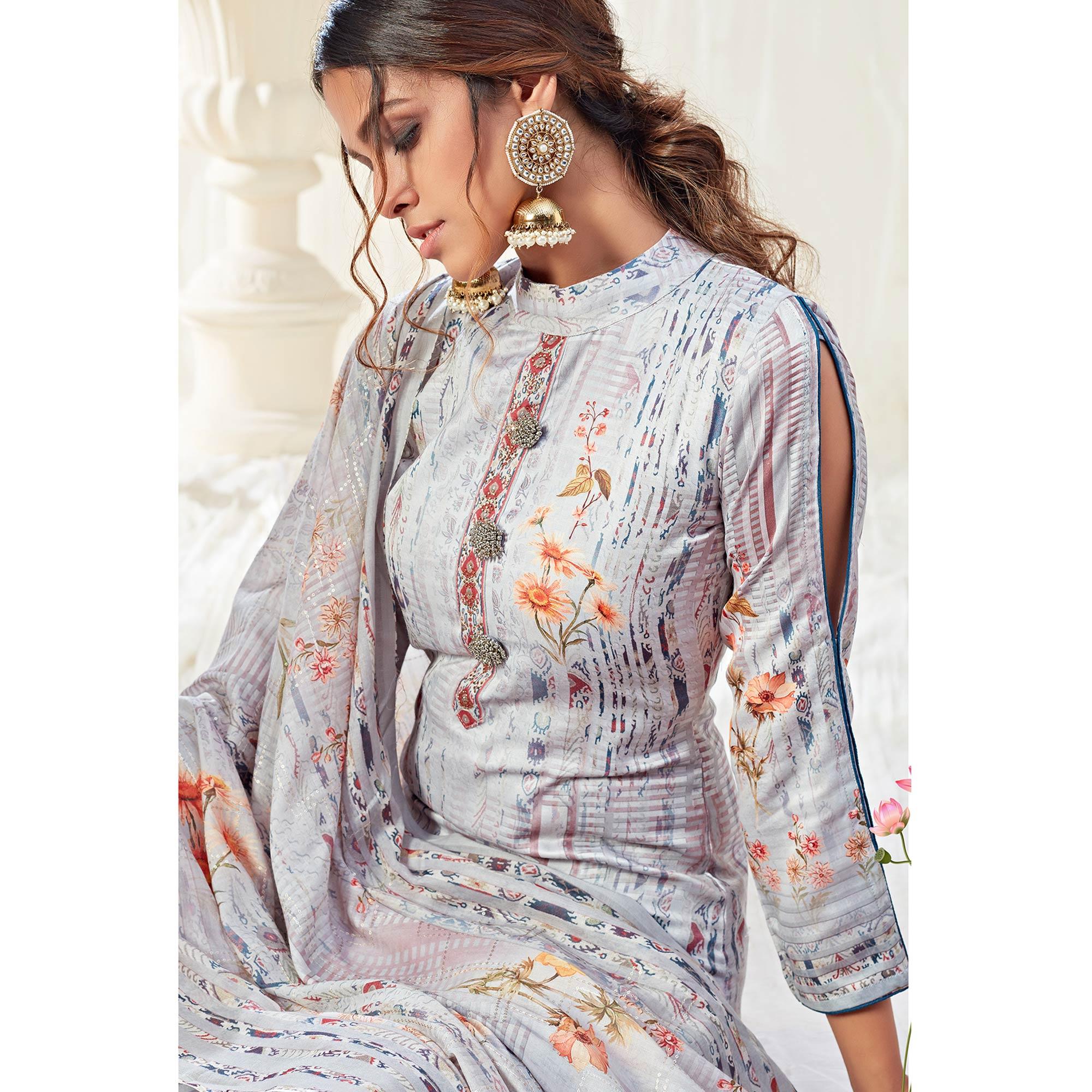 Sensational Lavendar Colored Partywear Digital Printed Cotton Suit - Peachmode