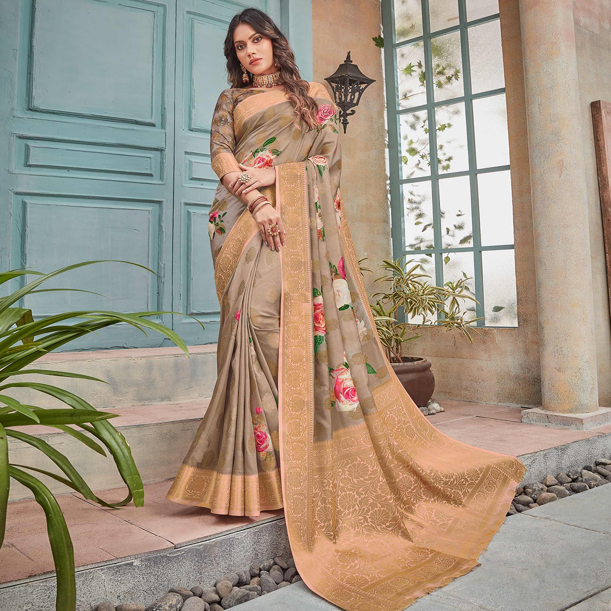 Sensational Light Brown Colored Festive Wear Woven Silk Saree - Peachmode