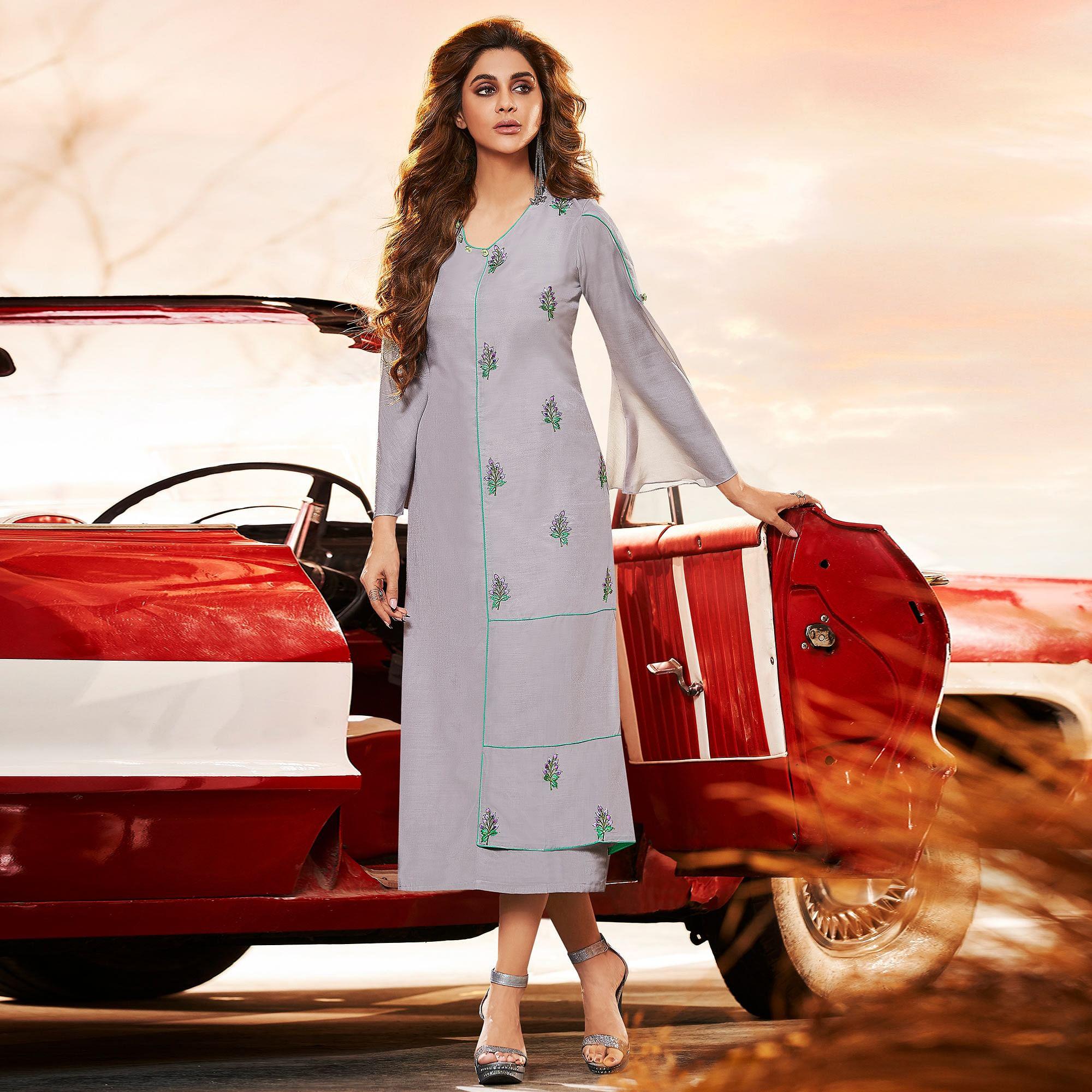 Sensational Light Gray Colored Casual Embroidered Muslin Silk Gown - Peachmode