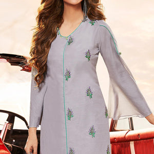 Sensational Light Gray Colored Casual Embroidered Muslin Silk Gown - Peachmode