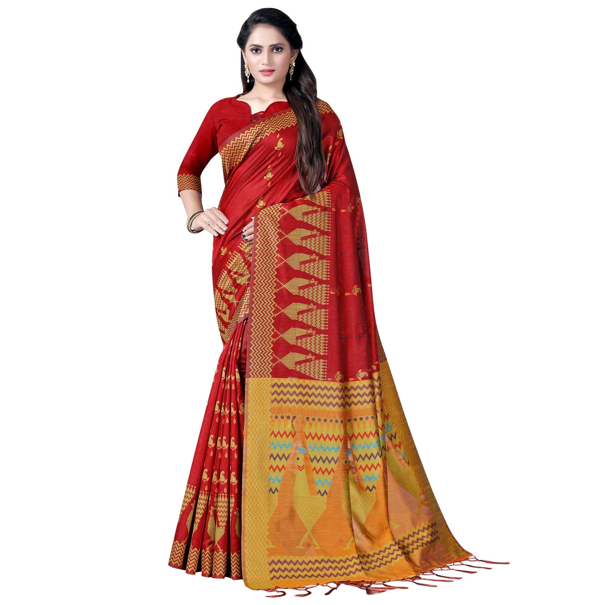 Sensational Maroon Colored Festive Wear Printed Cotton Saree - Peachmode
