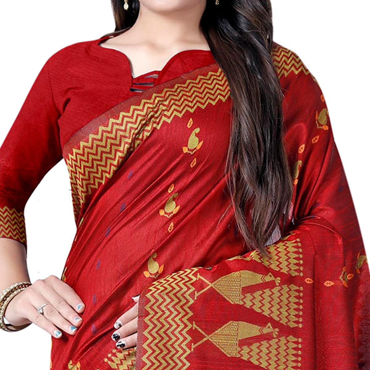 Sensational Maroon Colored Festive Wear Printed Cotton Saree - Peachmode