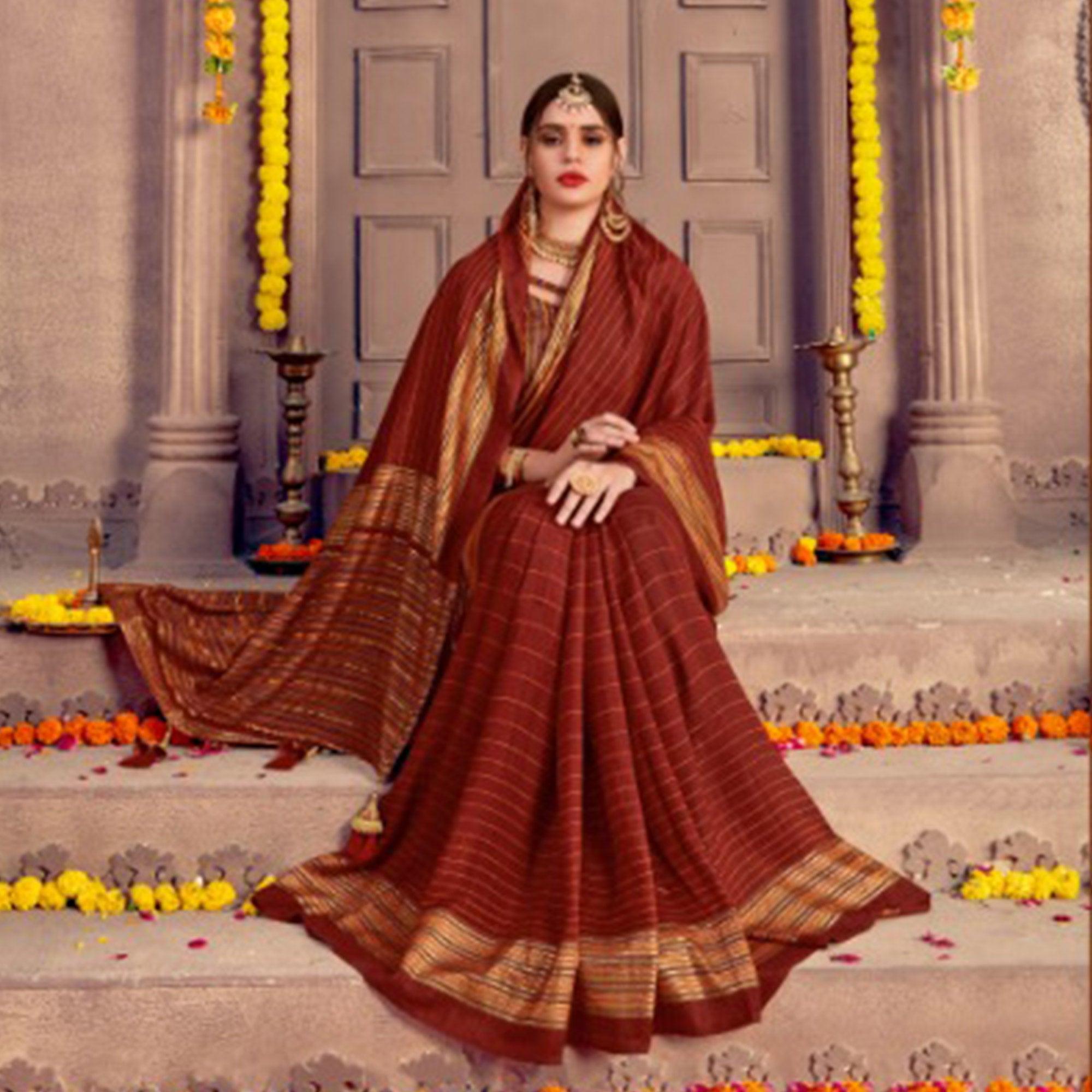 Sensational Maroon Colored Festive Wear Printed Georgette Saree With Tassels - Peachmode