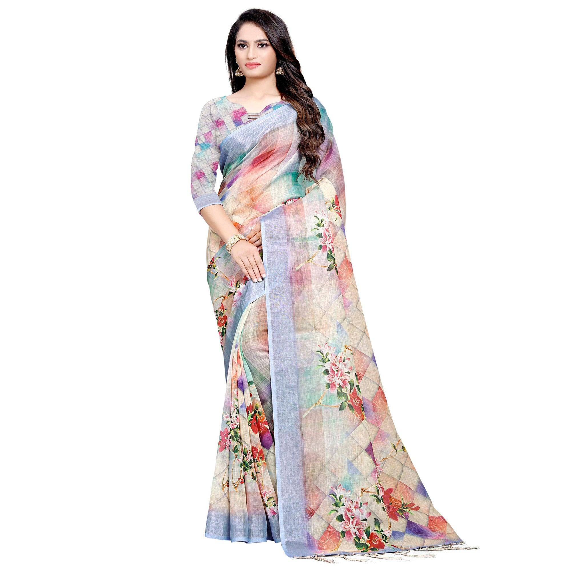 Sensational Multi Colored Casual Digital Printed Linen Saree - Peachmode