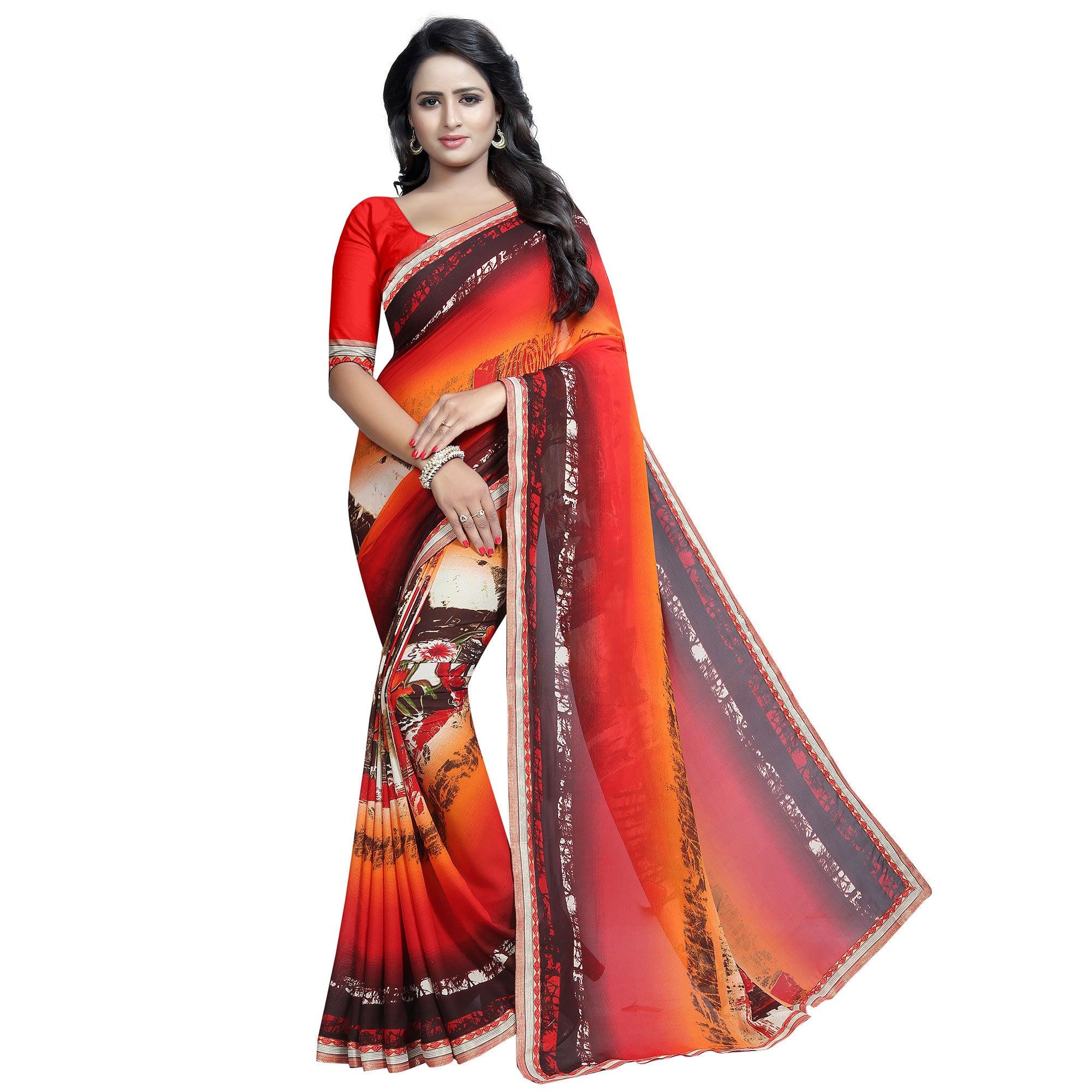 Sensational Multi Colored Casual Wear Printed Georgette Saree - Peachmode