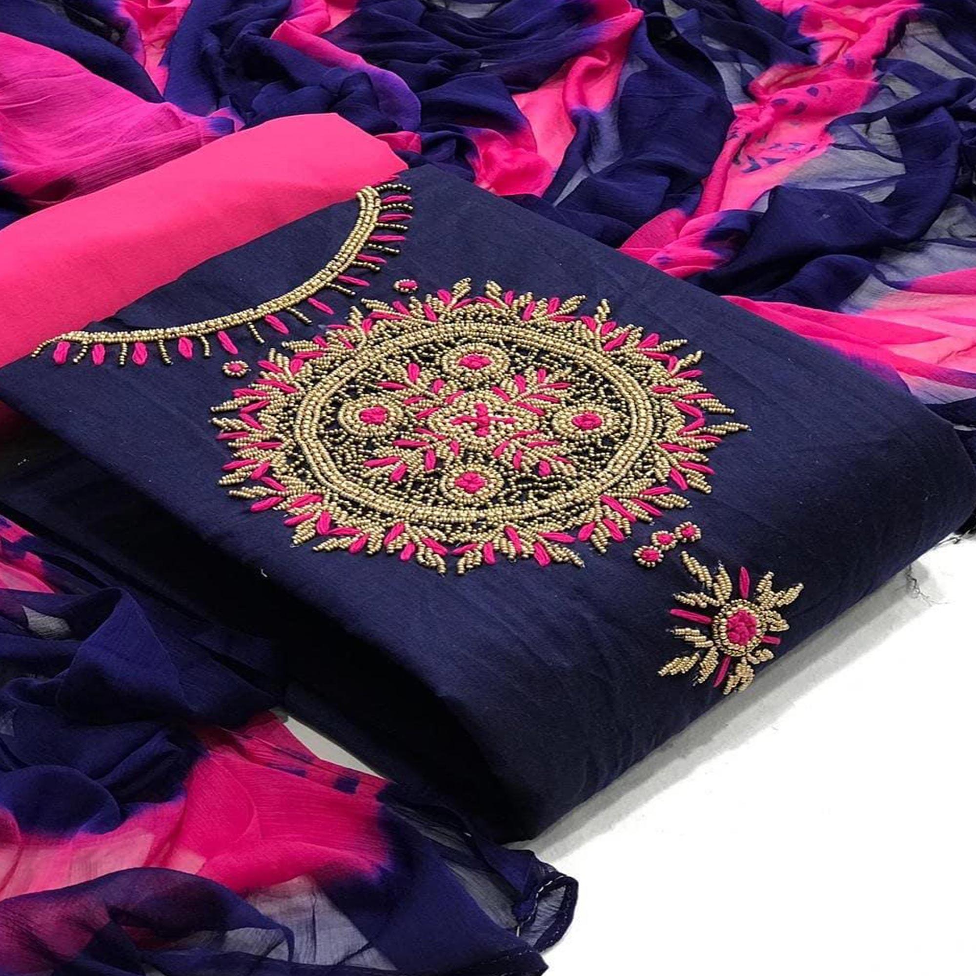 Sensational Navy Blue Colored Casual Wear Embroidered Modal Dress Material - Peachmode