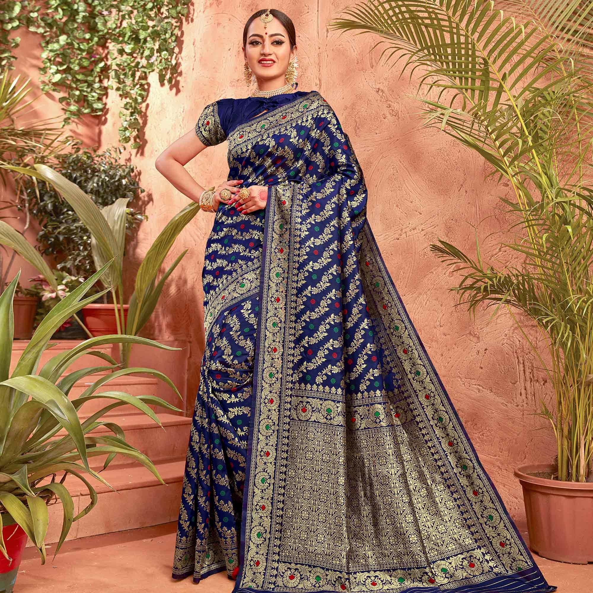 Sensational Navy Blue Colored Festive Wear Woven Designer Silk Saree - Peachmode