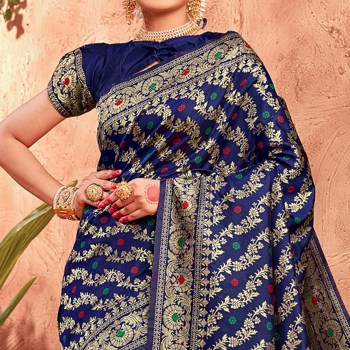Sensational Navy Blue Colored Festive Wear Woven Designer Silk Saree - Peachmode
