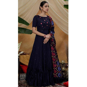 Sensational Navy Blue Colored Partywear Embroidered Silk Anarkali Suit - Peachmode