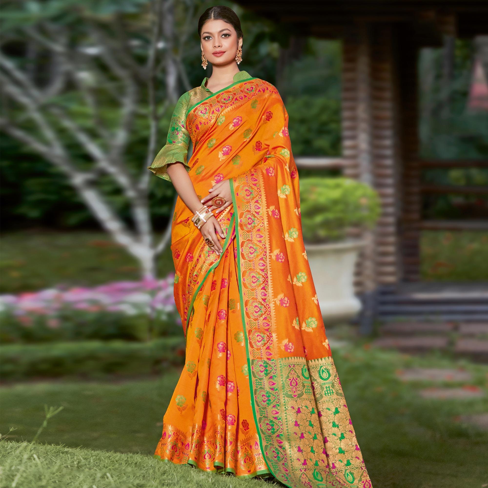 Sensational Orange Colored Festive Wear Woven Heavy Banarasi Silk Sareee - Peachmode