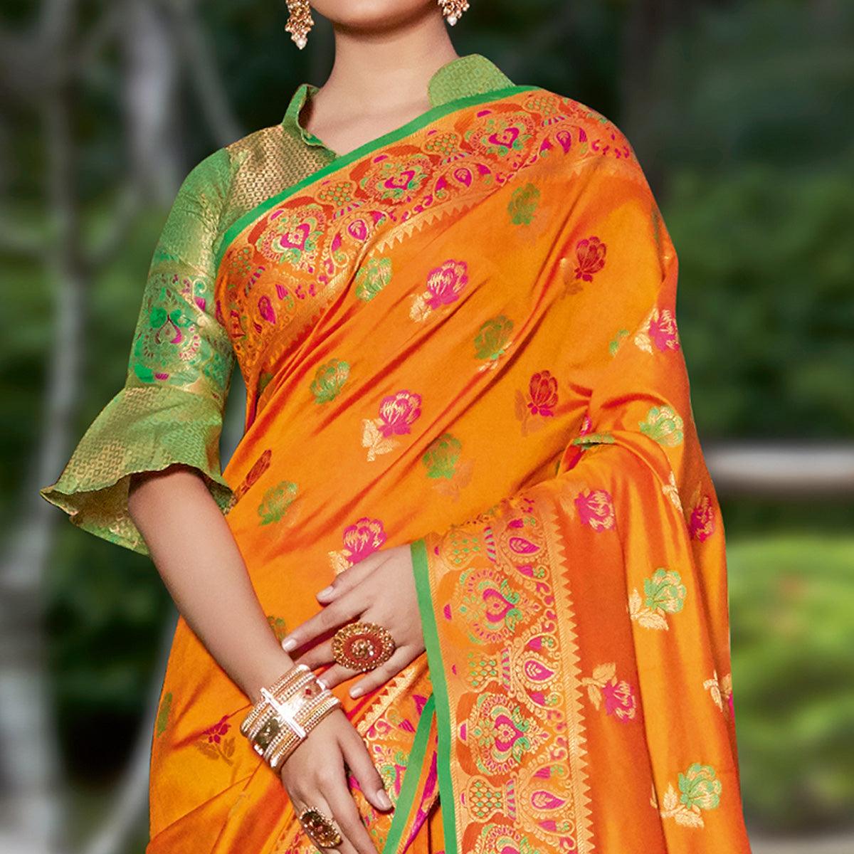Sensational Orange Colored Festive Wear Woven Heavy Banarasi Silk Sareee - Peachmode