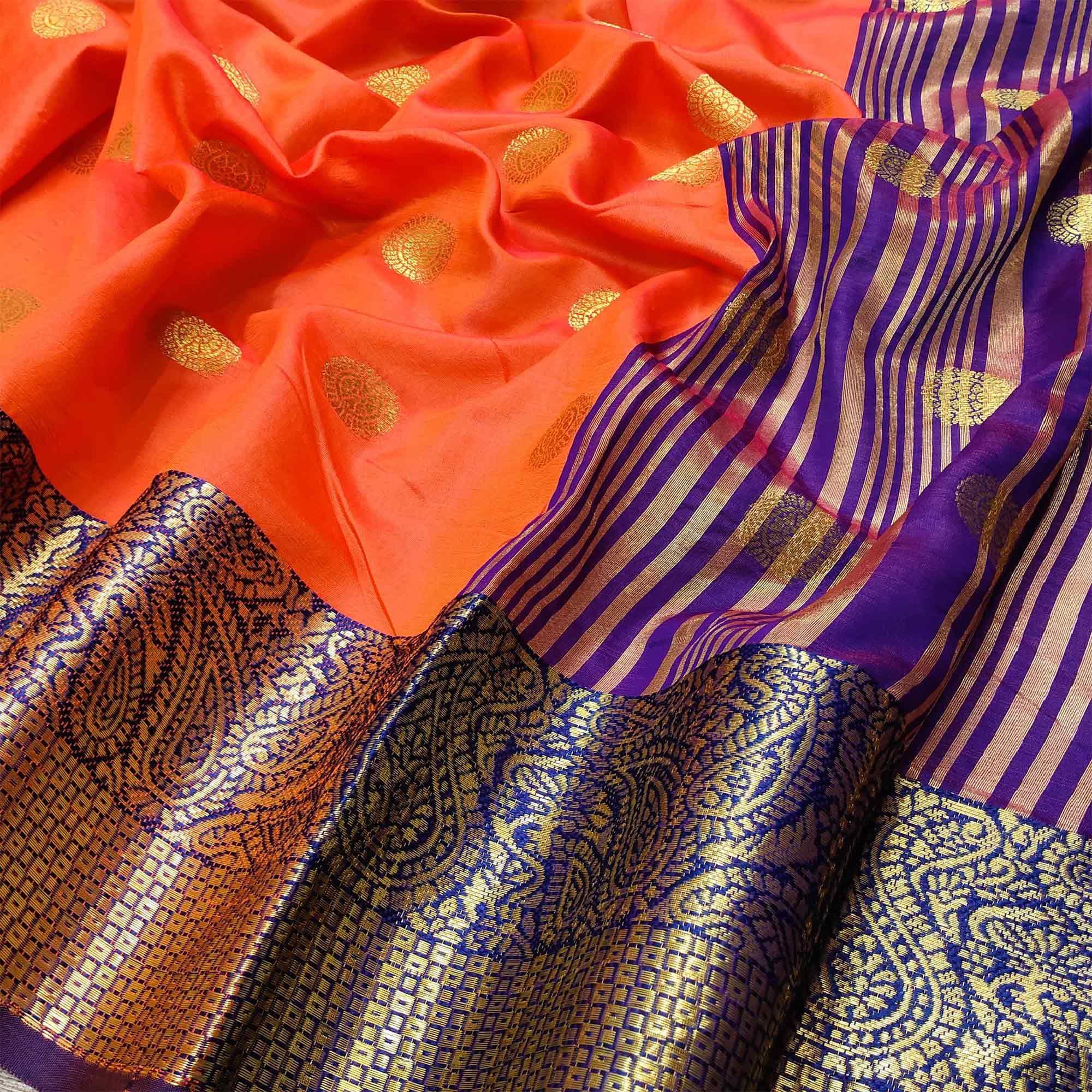 Sensational Orange Colored Festive Wear Woven Kanjivaram Silk Saree - Peachmode