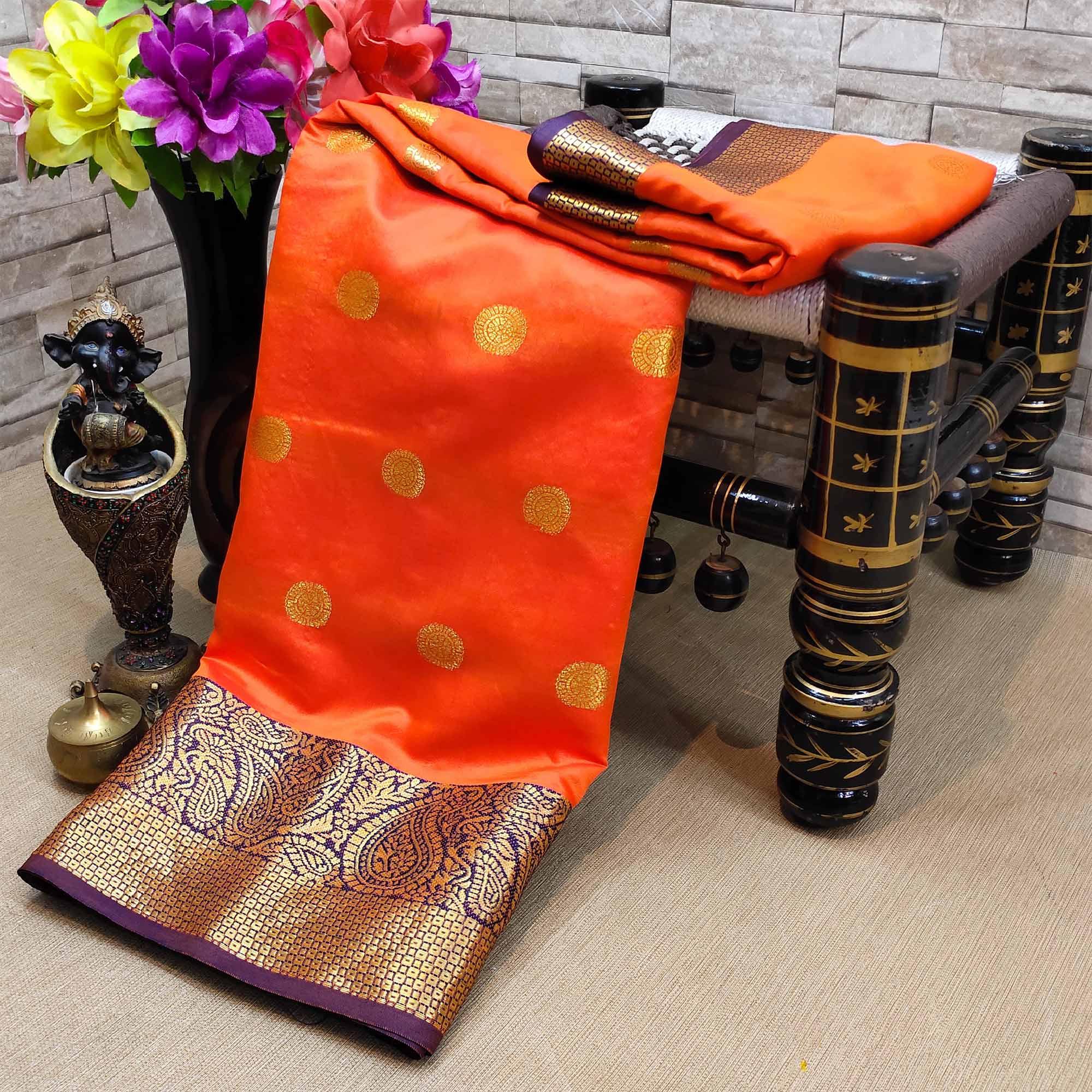 Sensational Orange Colored Festive Wear Woven Kanjivaram Silk Saree - Peachmode