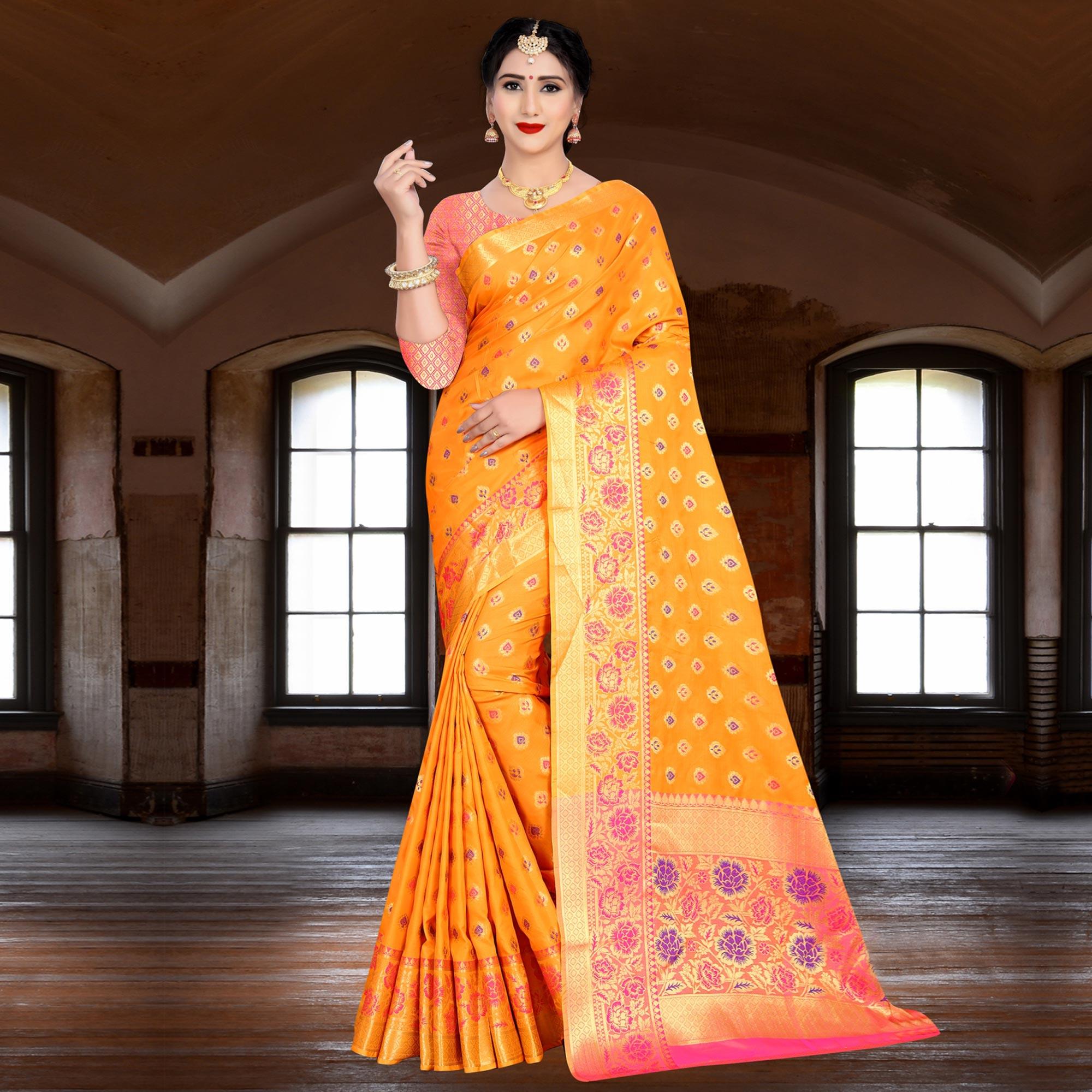 Sensational Orange Colored Festive Wear Woven Silk Saree - Peachmode