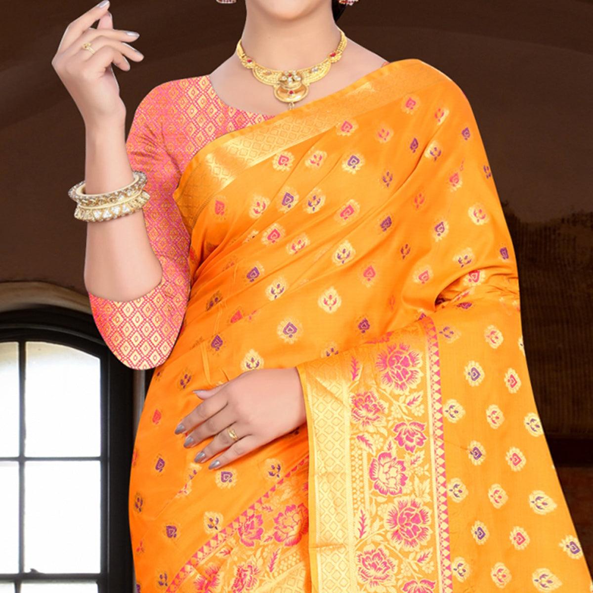 Sensational Orange Colored Festive Wear Woven Silk Saree - Peachmode