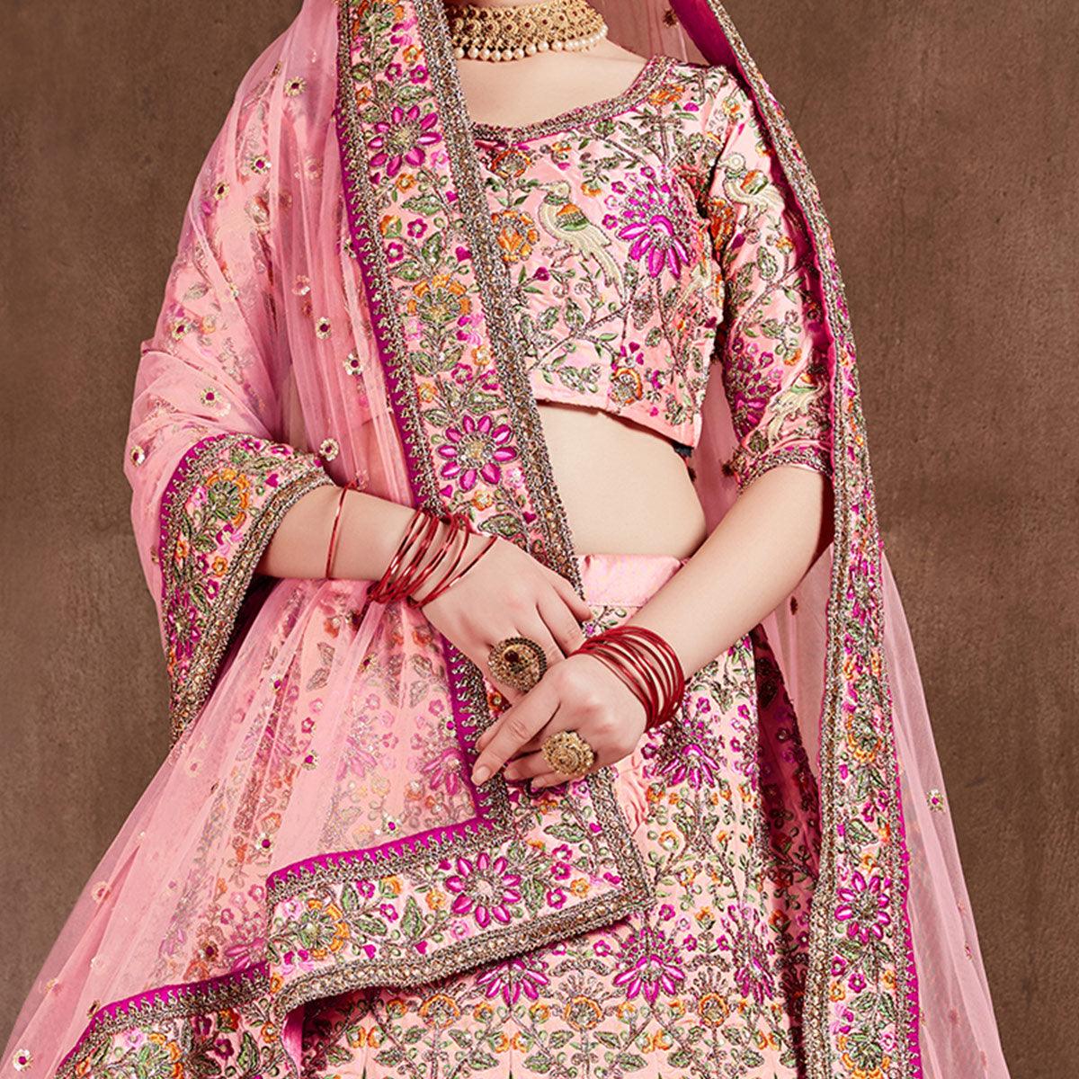 Sensational Pastel Pink Colored Wedding Wear Embroidered Velvet Lehenga Choli - Peachmode
