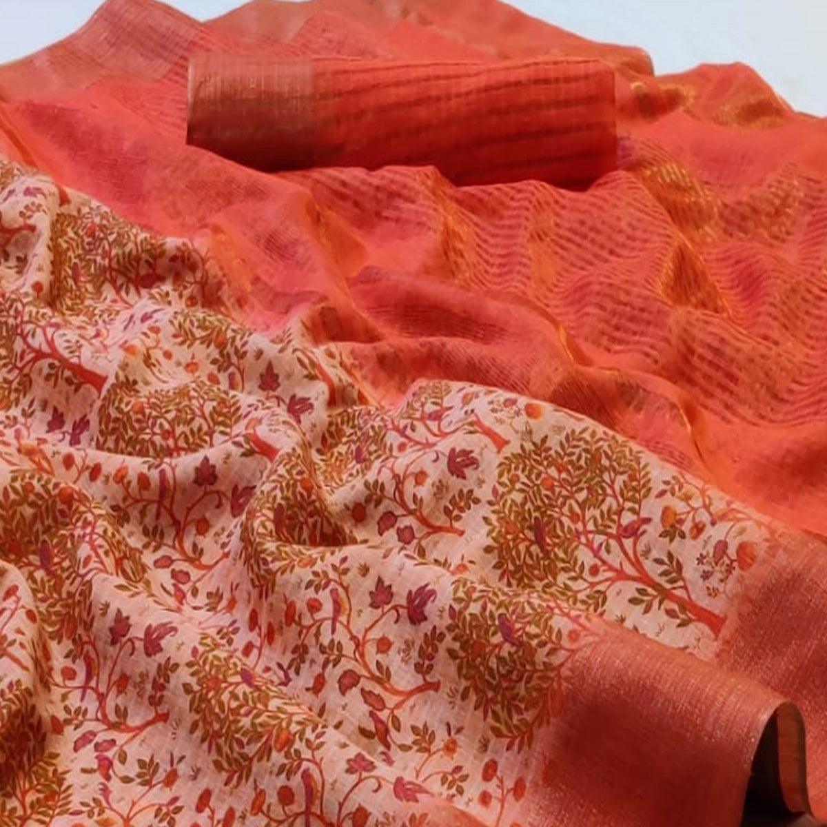 Sensational Peach Colored Festive Wear Woven Linen Saree - Peachmode