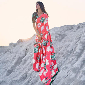 Sensational Peach Colored Partywear Digital Printed Japan Satin Crepe Saree - Peachmode