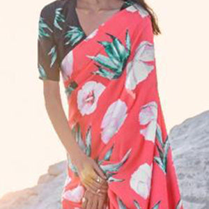 Sensational Peach Colored Partywear Digital Printed Japan Satin Crepe Saree - Peachmode