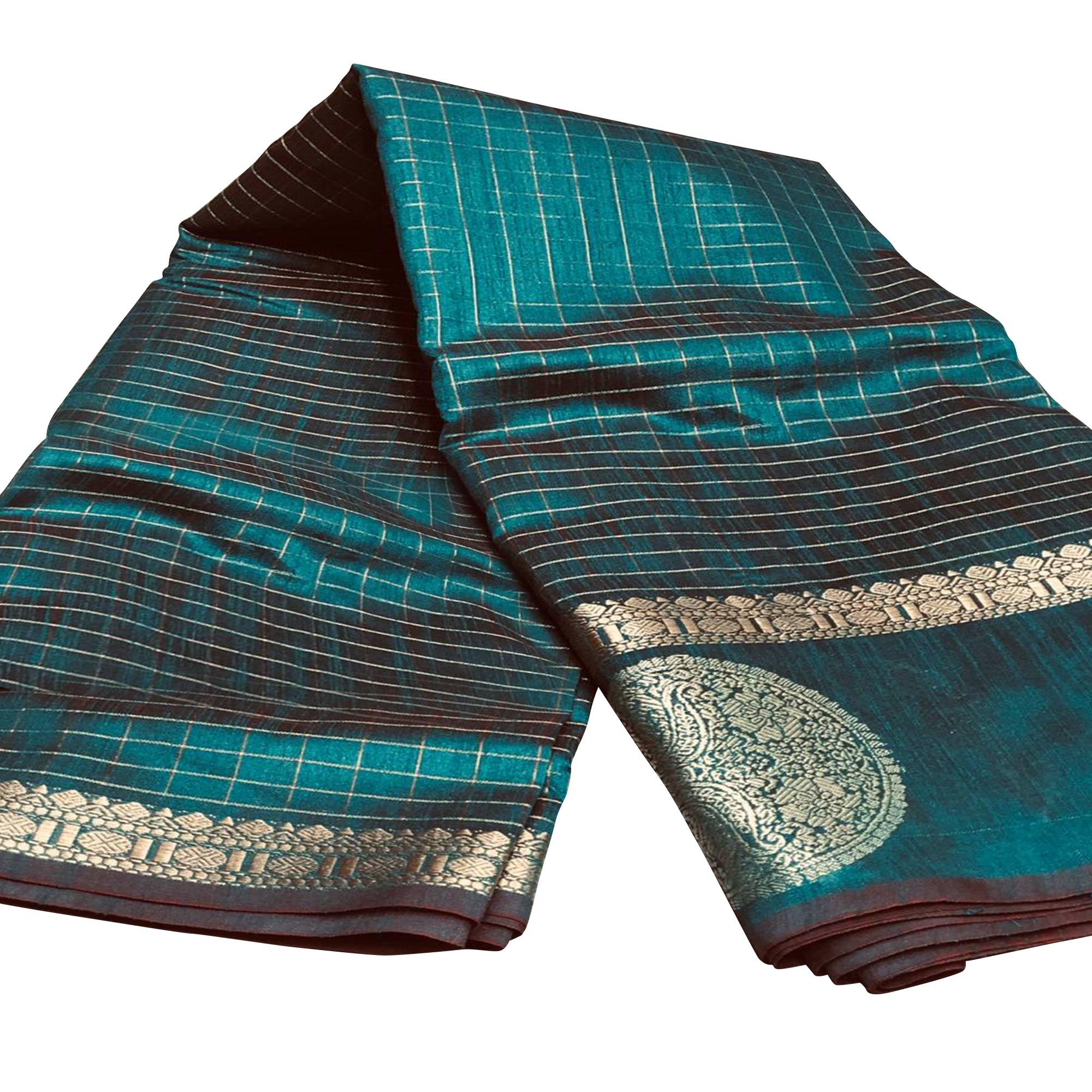 Sensational Peacock Blue Colored Festive Wear Woven Silk Saree - Peachmode