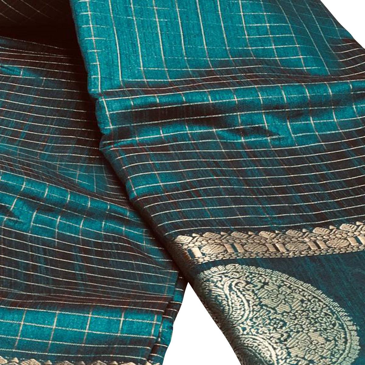 Sensational Peacock Blue Colored Festive Wear Woven Silk Saree - Peachmode