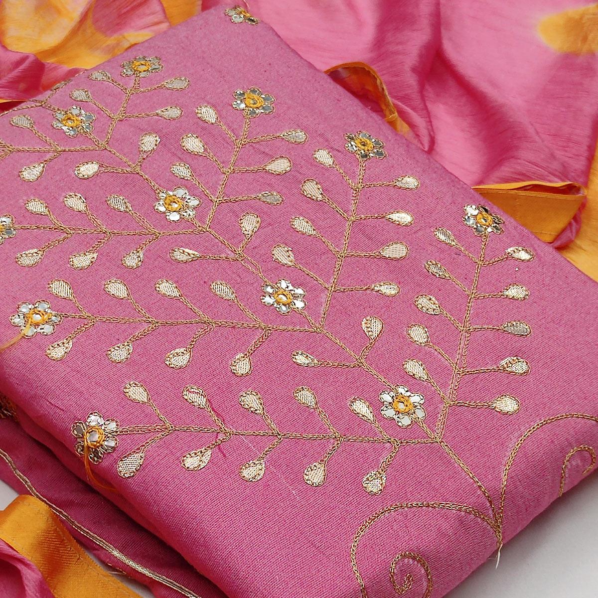 Sensational Pink Colored Festive Wear Embroidered Handloom Cotton Dress Material - Peachmode