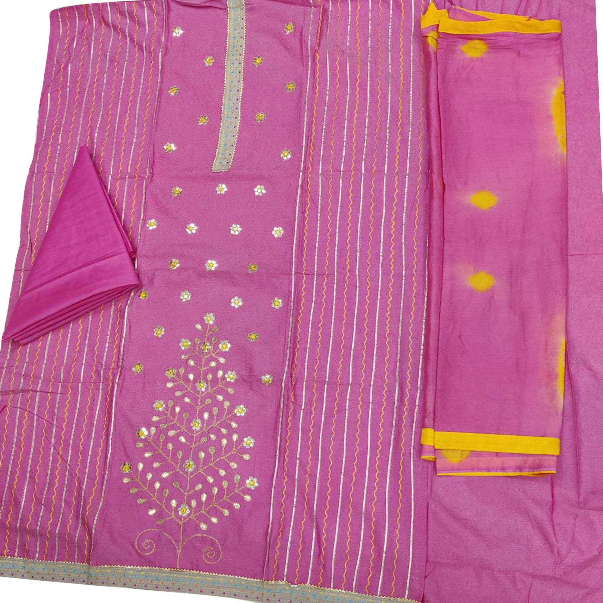 Sensational Pink Colored Festive Wear Embroidered Handloom Cotton Dress Material - Peachmode