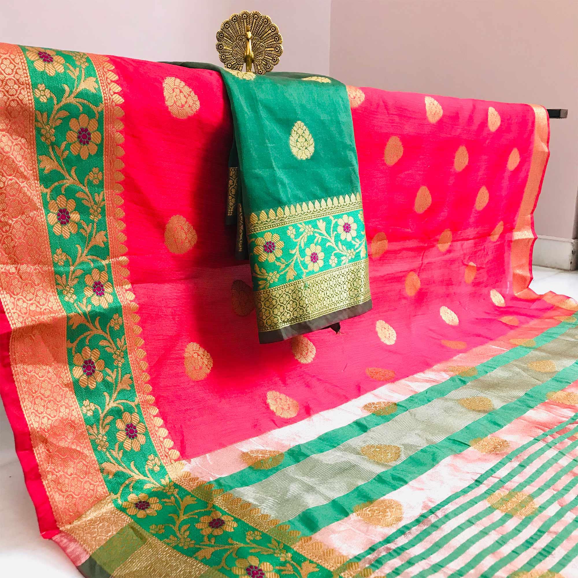 Sensational Pink Colored Festive Wear Woven Art Silk Saree - Peachmode