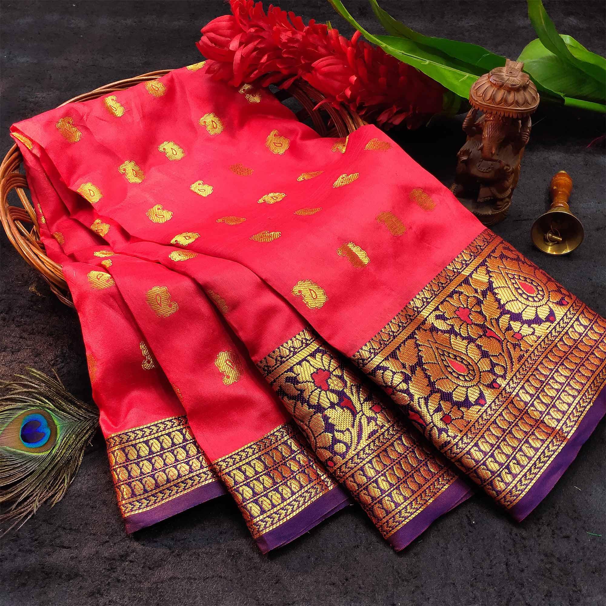 Sensational Pink Colored Festive Wear Woven Kanjivaram Silk Saree - Peachmode