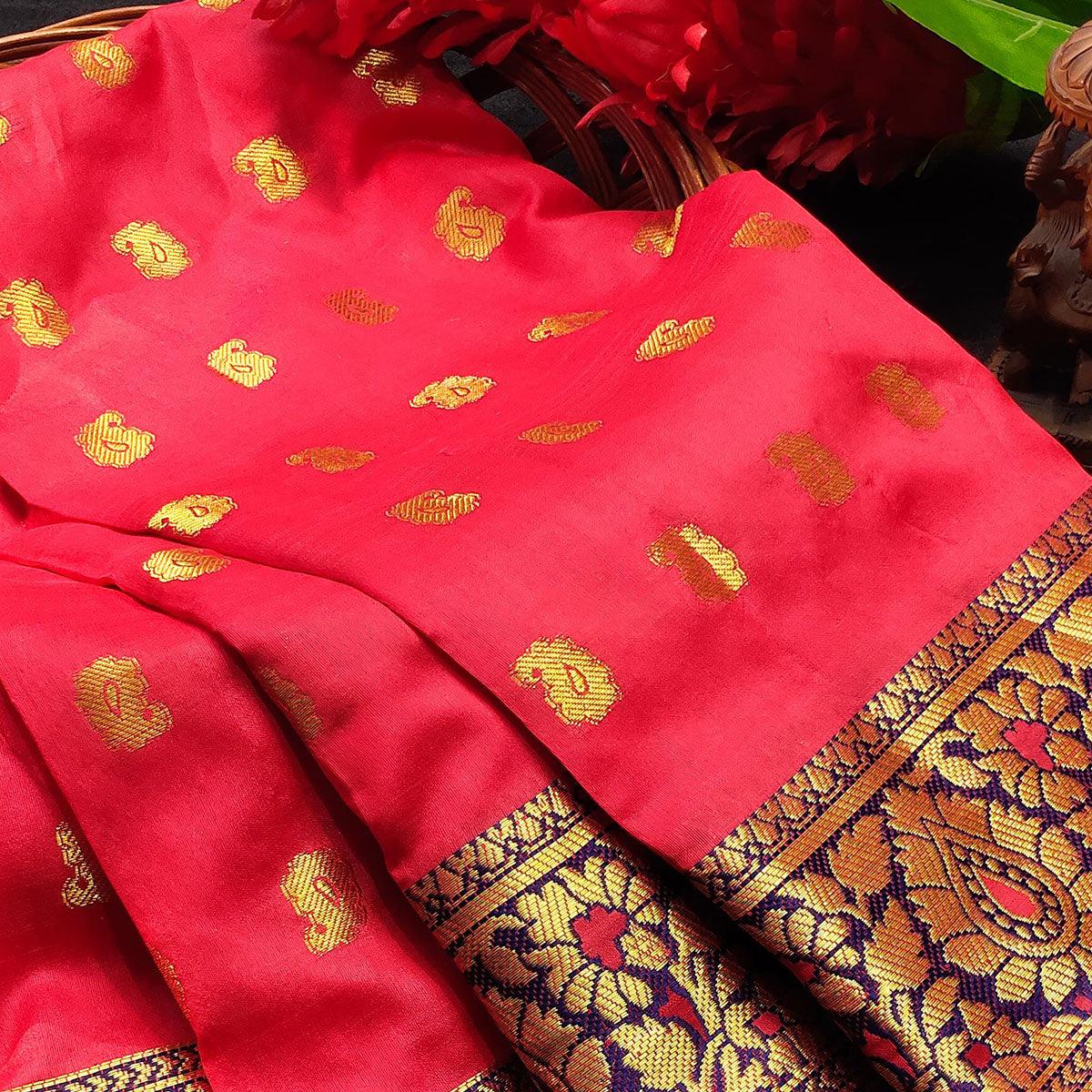 Sensational Pink Colored Festive Wear Woven Kanjivaram Silk Saree - Peachmode
