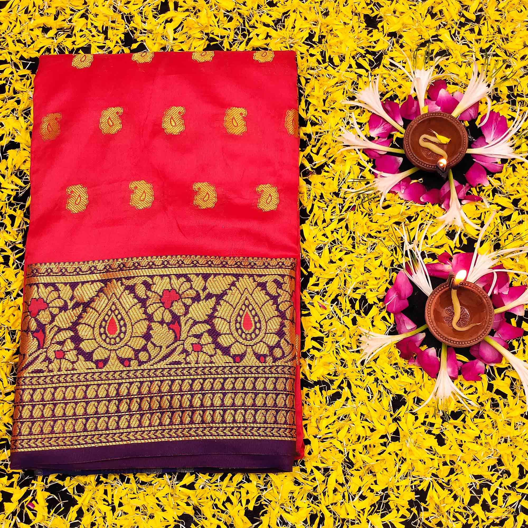 Sensational Pink Colored Festive Wear Woven Kanjivaram Silk Saree - Peachmode