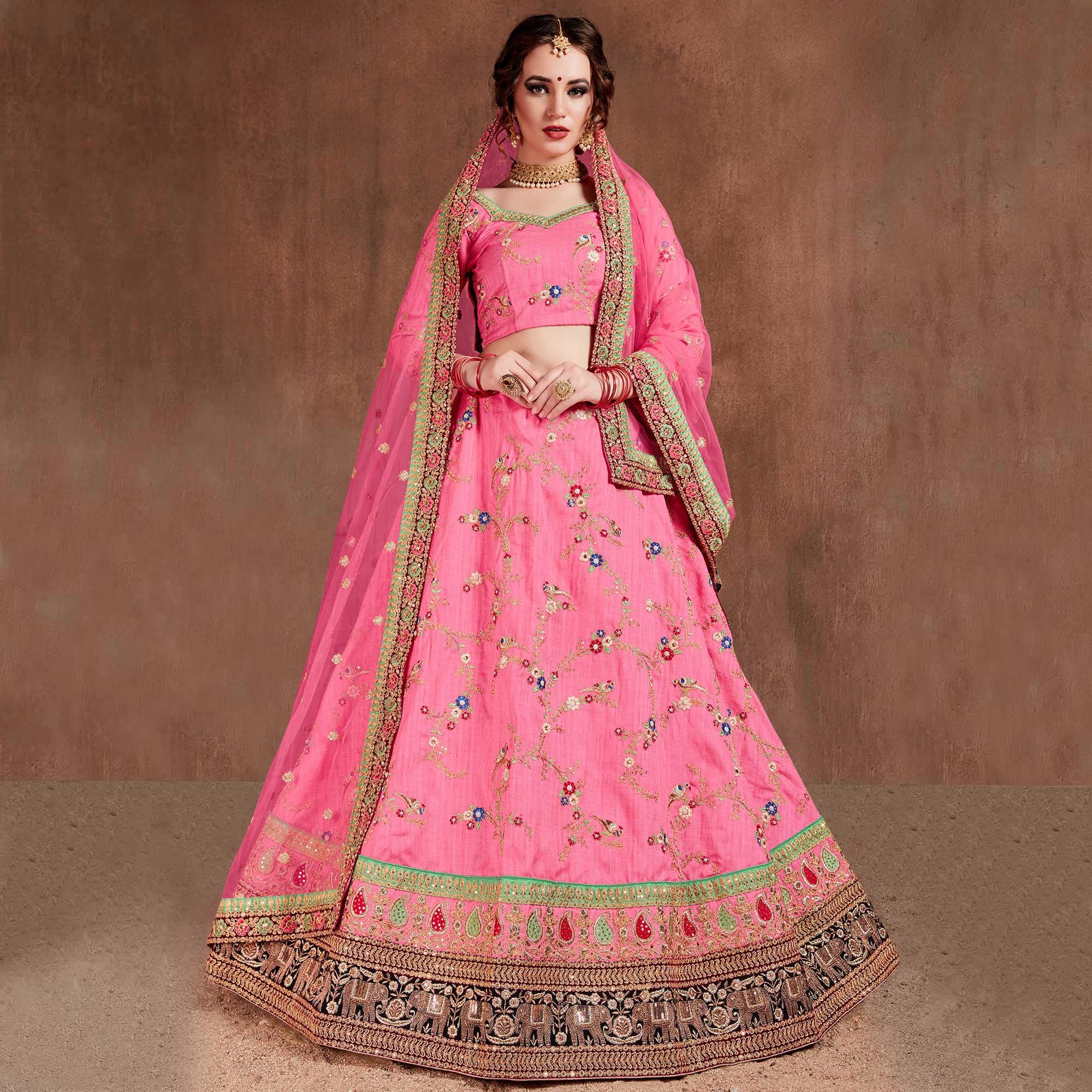 Sensational Pink Colored Partywear Embroidered Art Silk Lehenga Choli - Peachmode