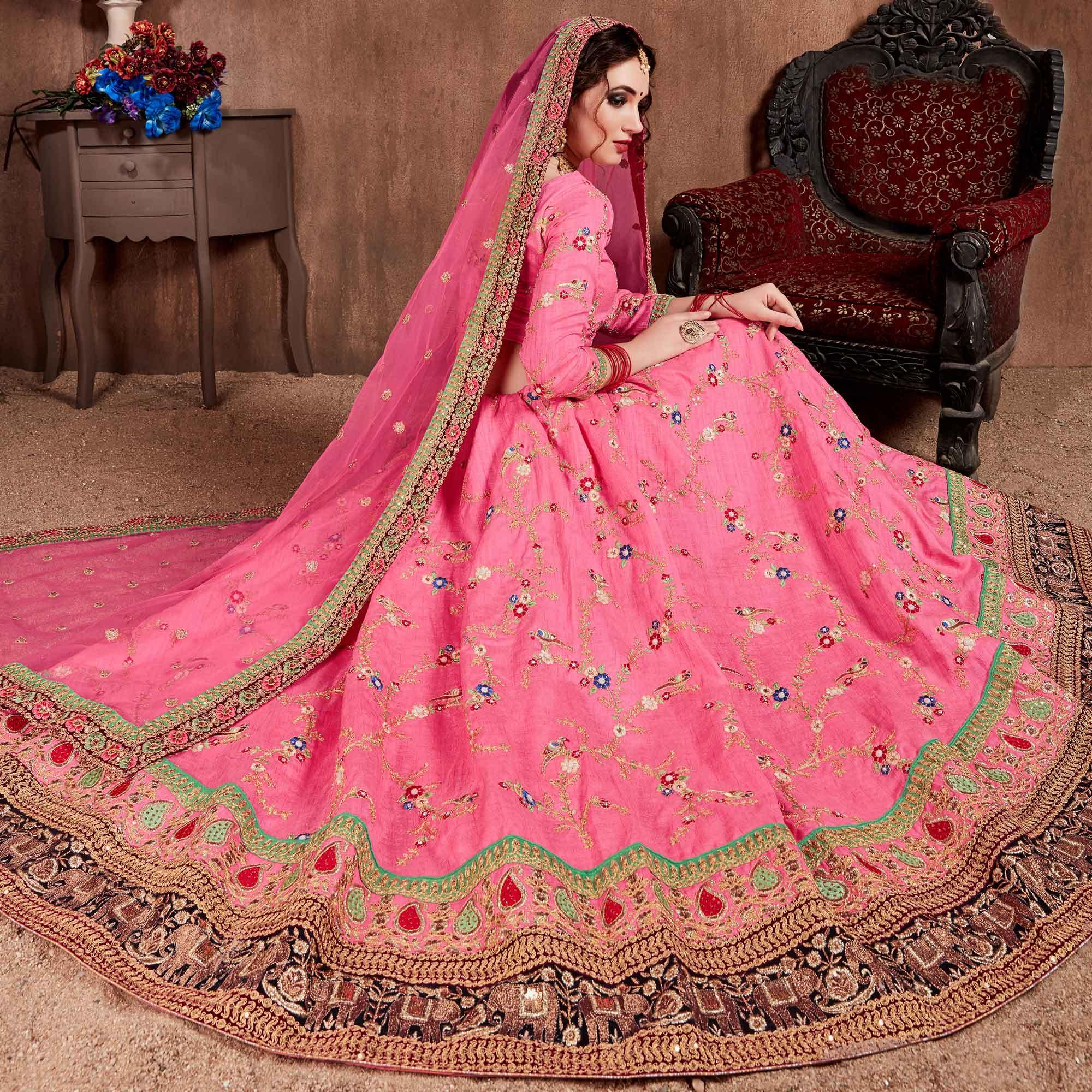 Sensational Pink Colored Partywear Embroidered Art Silk Lehenga Choli - Peachmode
