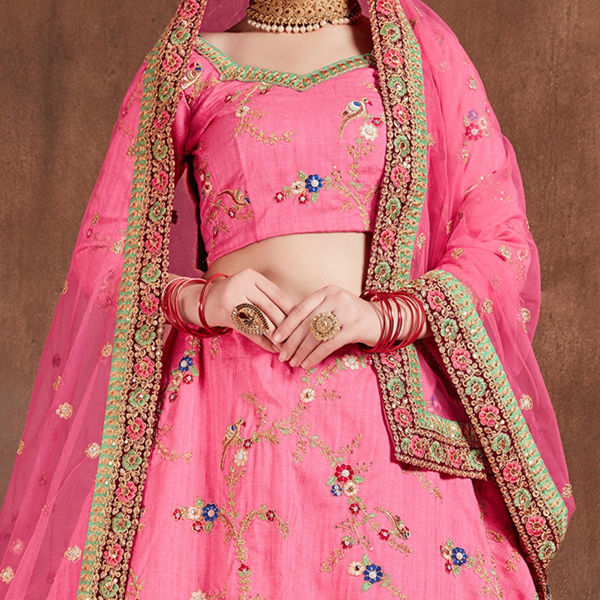 Sensational Pink Colored Partywear Embroidered Art Silk Lehenga Choli - Peachmode